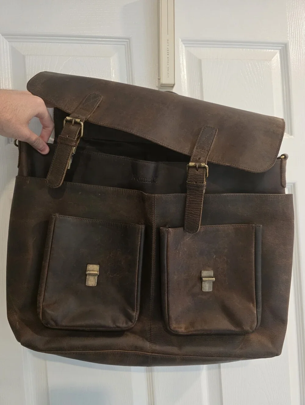 KomalC Distressed Buffalo Leather Briefcase Laptop Messenger Bag Satchel Brown